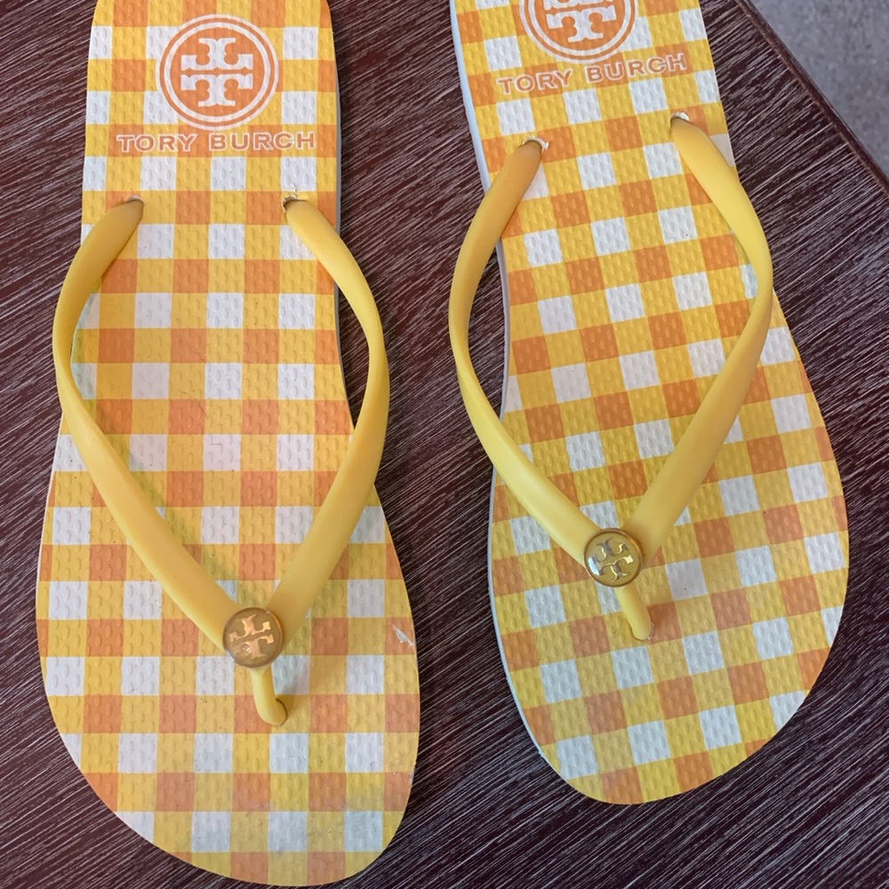 Tory Burch Yellow Checkered Flip Flops